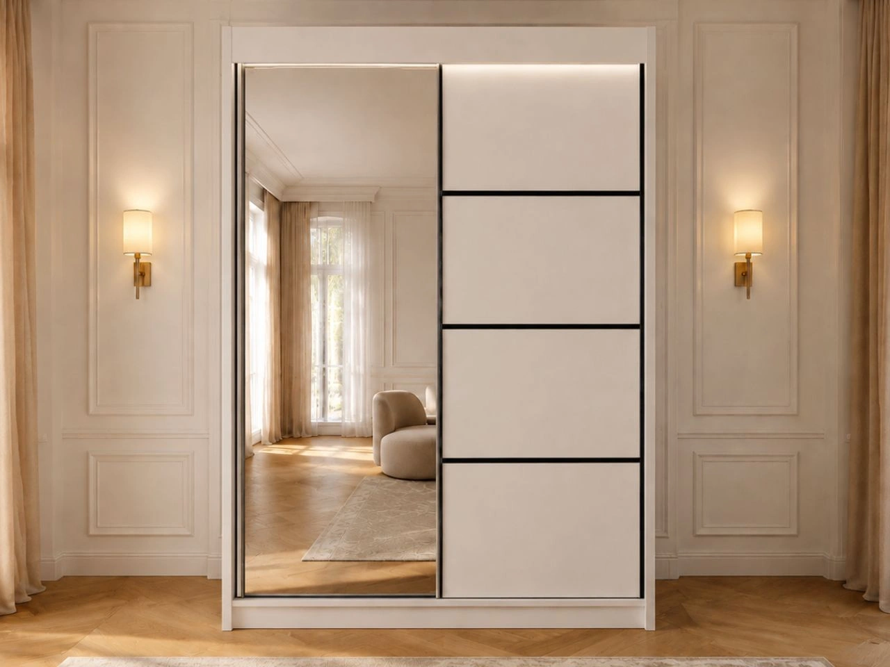 Szafa przesuwna z lustrem 150 cm z oświetleniem LED Portel Biała