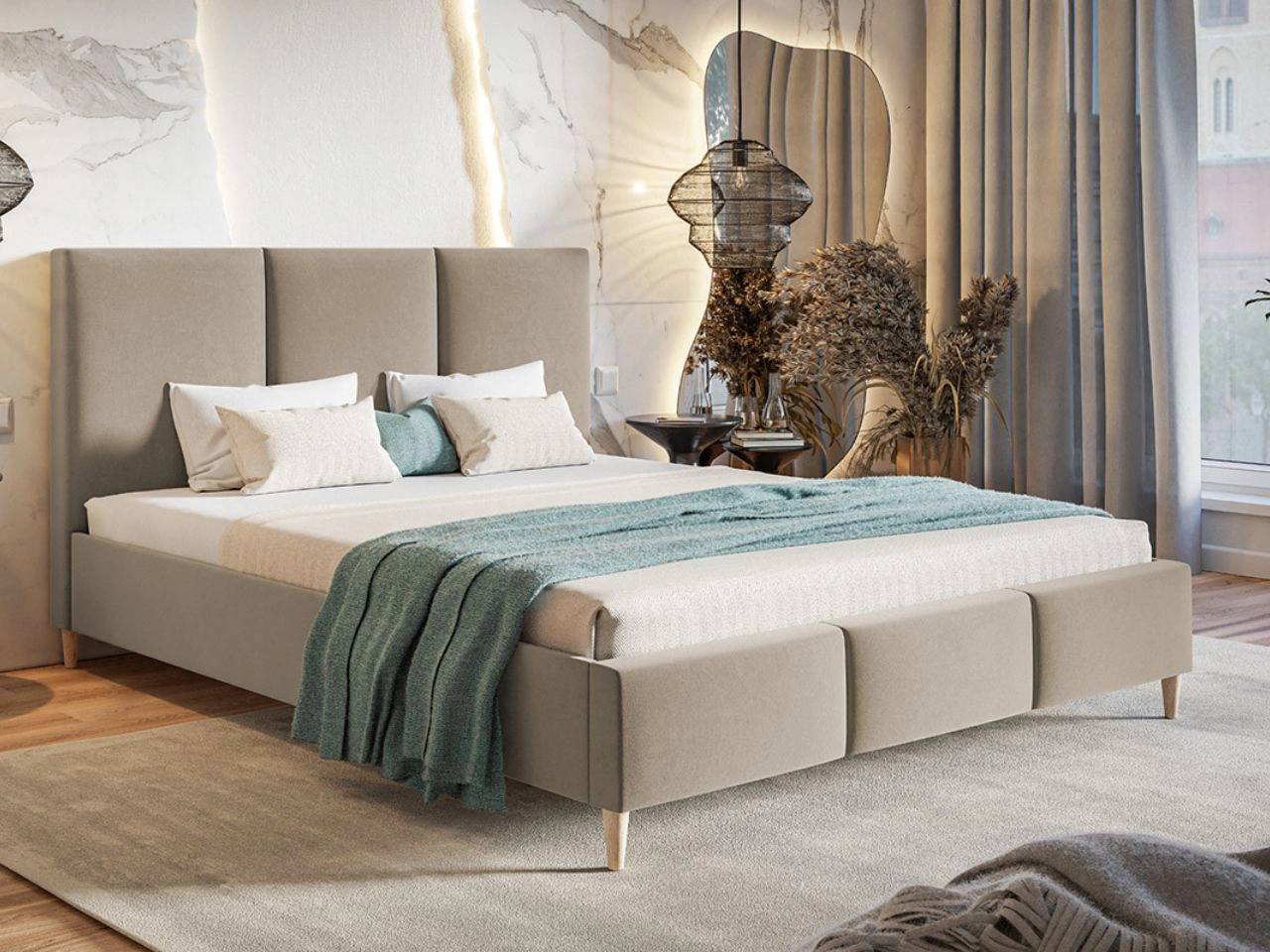 Łóżko tapicerowane ze stelażem 180x200 Trio Beżowe