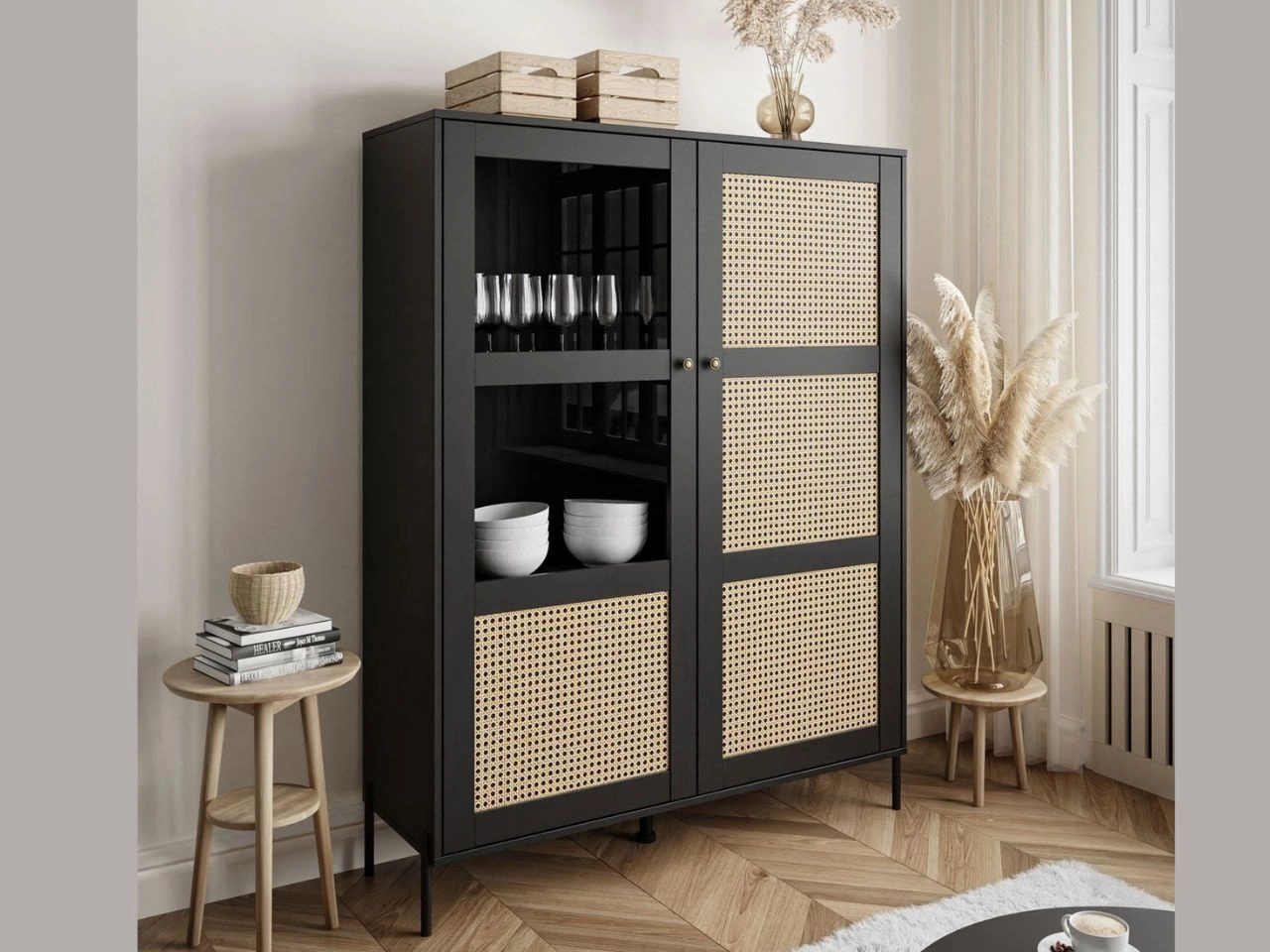 Witryna stojąca dwudrzwiowa w stylu boho Bellance czarna