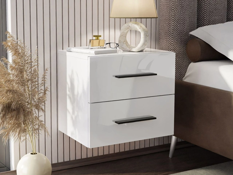Podwieszany stolik nocny z dwoma szufladami Nuveo Lux Biały połysk
