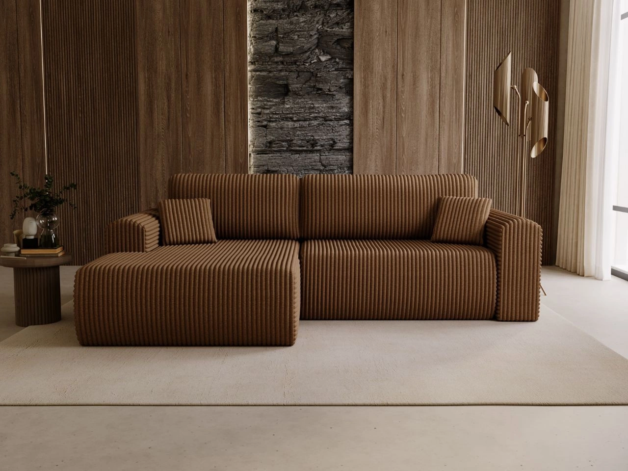 Narożnik z funkcją spania i pojemnikiem Belvio lewy Brązowy