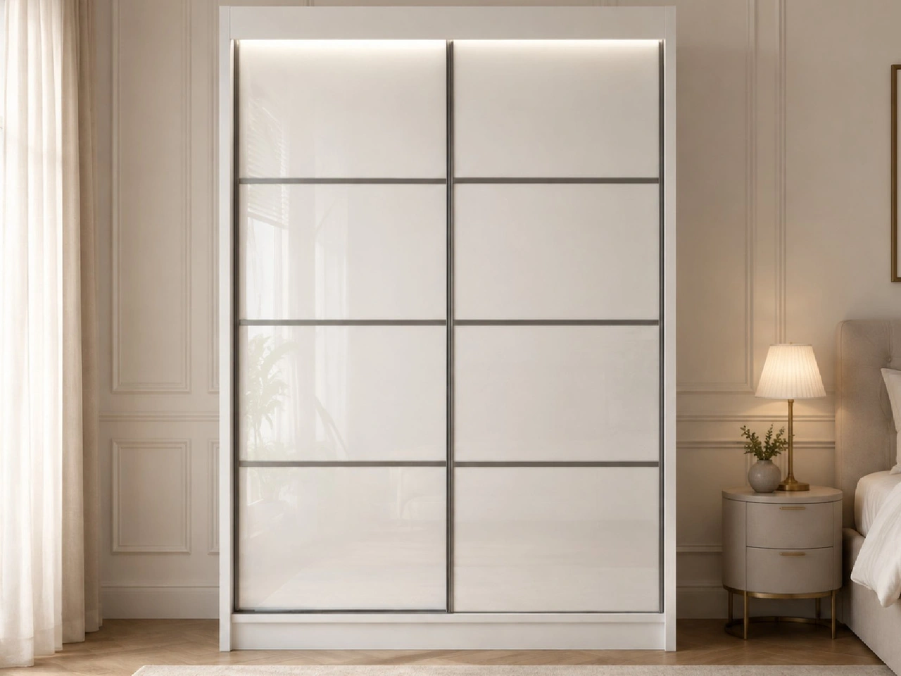 Szafa przesuwna ze szprosami 150 cm z oświetleniem LED Ponti Biała