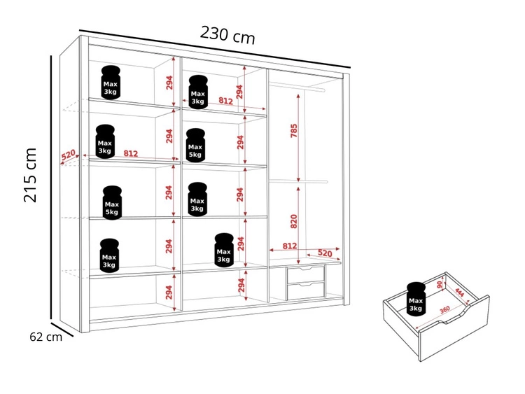Szafa trzydrzwiowa z drzwiami przesuwnymi 250 Bino Ciemnobrązowa