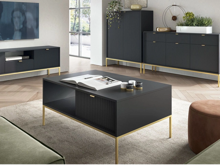 Stolik kawowy z szufladą Amber czarny na złotych nogach