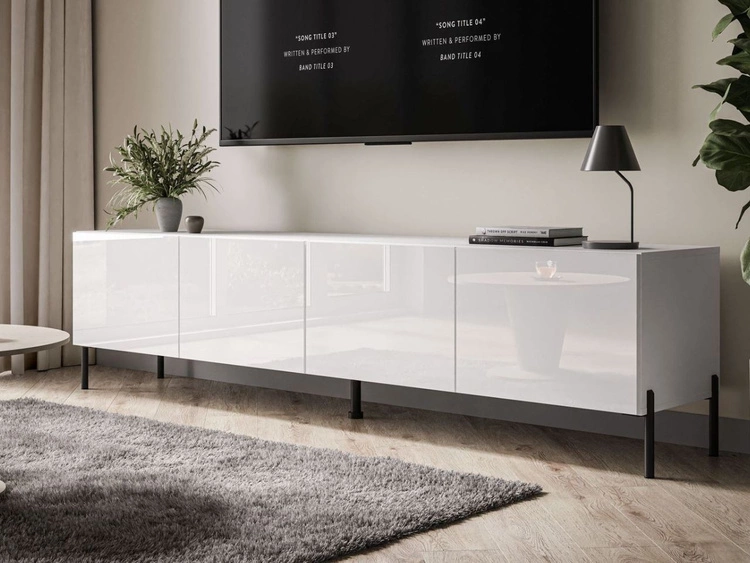 Szafka RTV pod telewizor z drzwiczkami na czarnych nóżkach 200 cm Nodoo Biały połysk