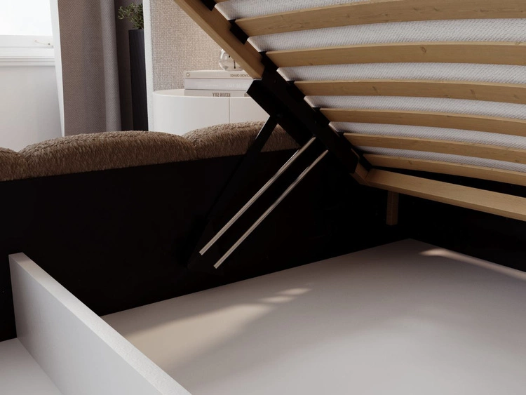 Łóżko tapicerowane z pojemnikiem na pościel i stelażem 120x200 Modo w tkaninie bouclé Brązowe