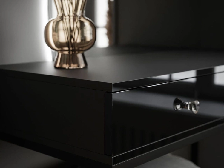 Toaletka kosmetyczna lewostronna z szufladami i oświetleniem LED na czarnych nogach Clarette Czarny połysk