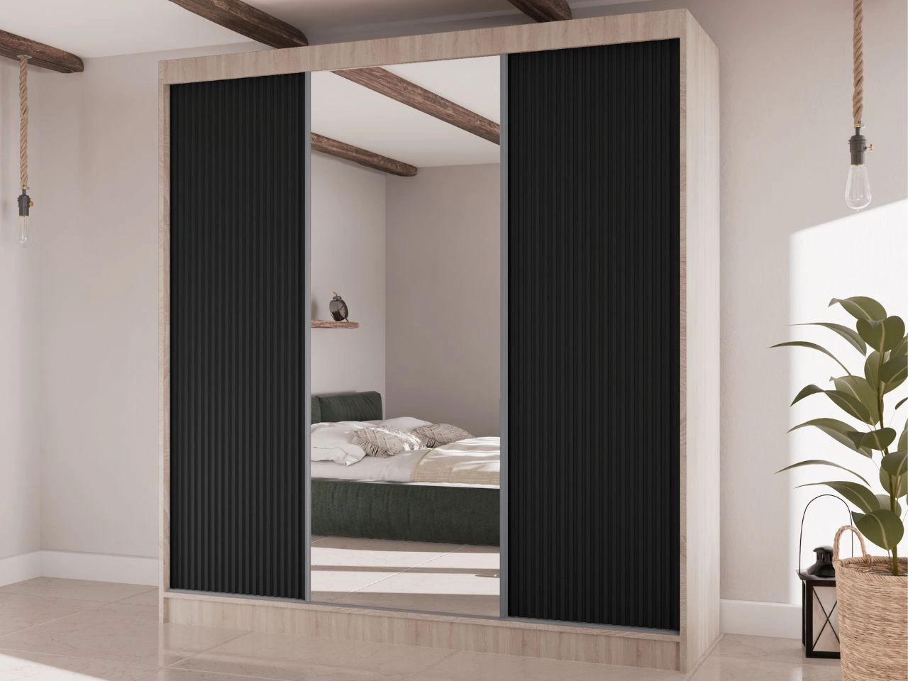 Szafa przesuwna z ryflowanym frontem i lustrem 200 cm Rivas Czarna, Biała