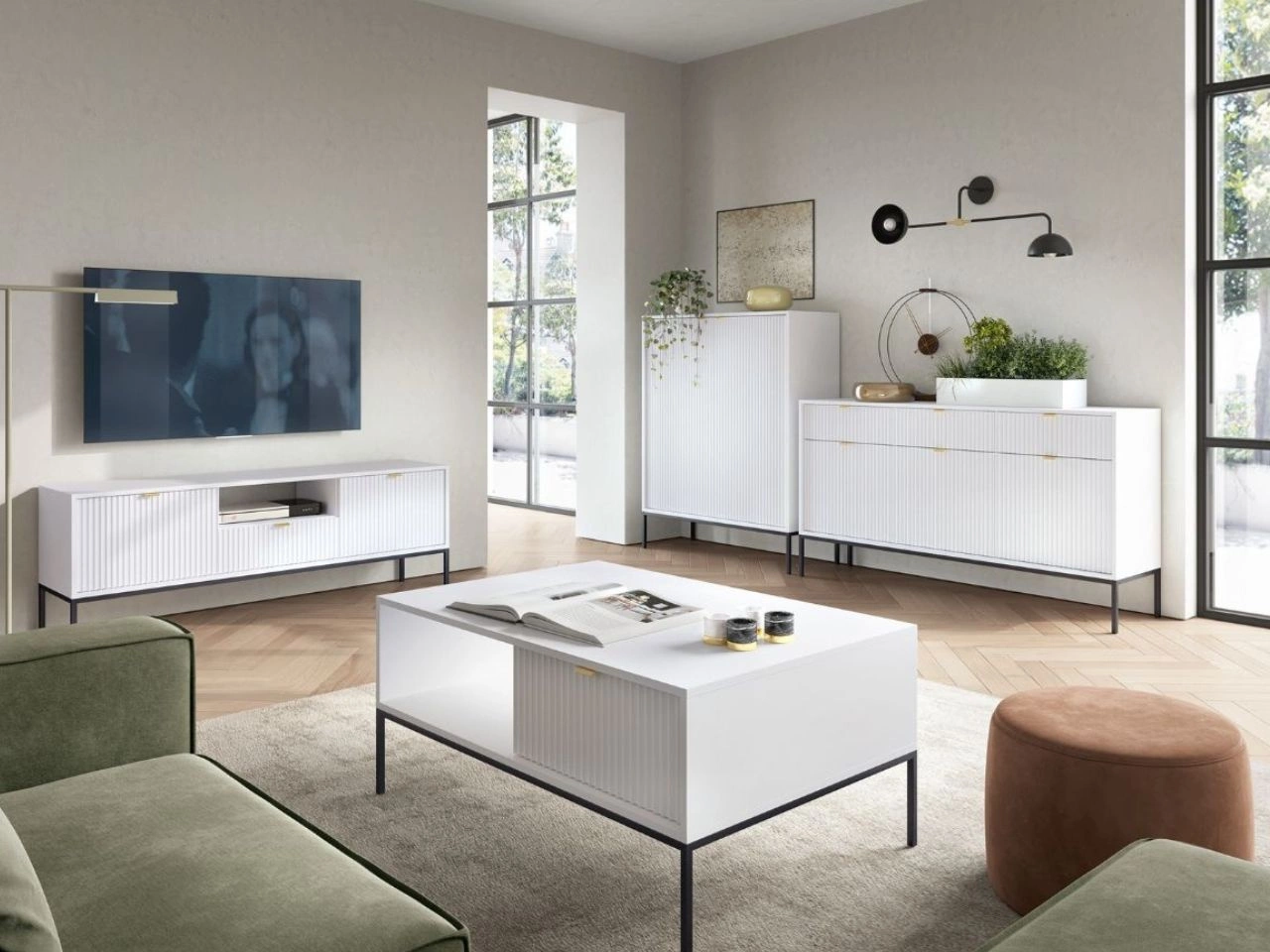 Zestaw mebli do salonu Amber biały na czarnych nogach