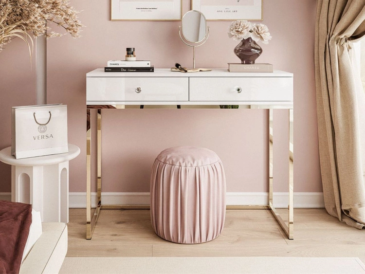 Konsola z szufladami, złotym stelażem i kryształowymi uchwytami Brisa biały połysk