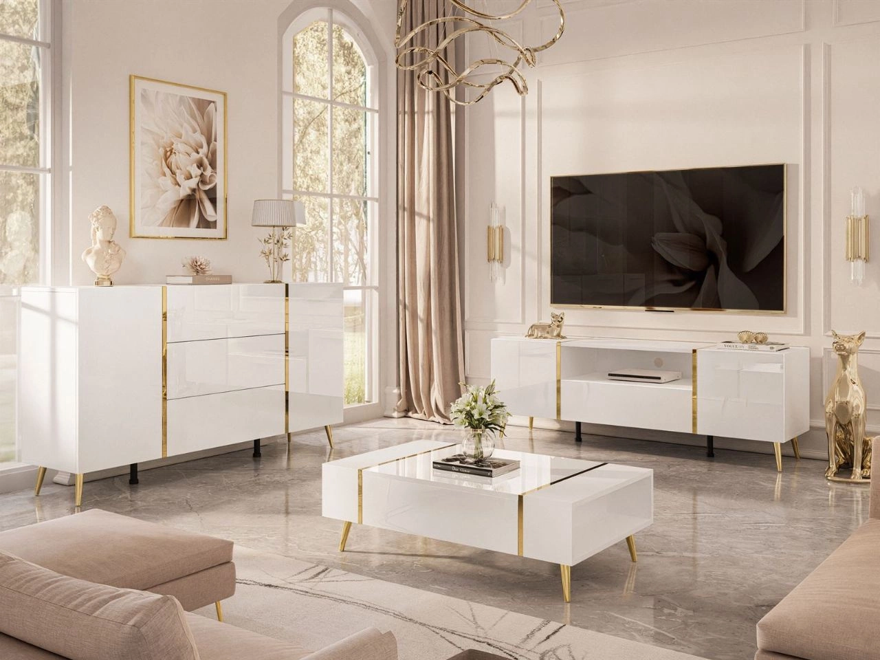 Zestaw mebli do salonu na złotych metalowych nóżkach w stylu glamour Lunelie Biały połysk
