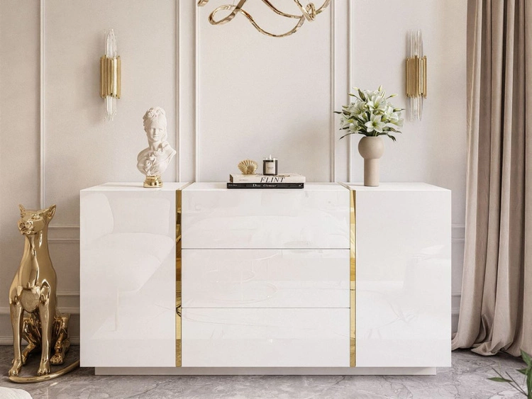 Dwudrzwiowa komoda 158 cm z trzema szufladami Lunelie biały połysk