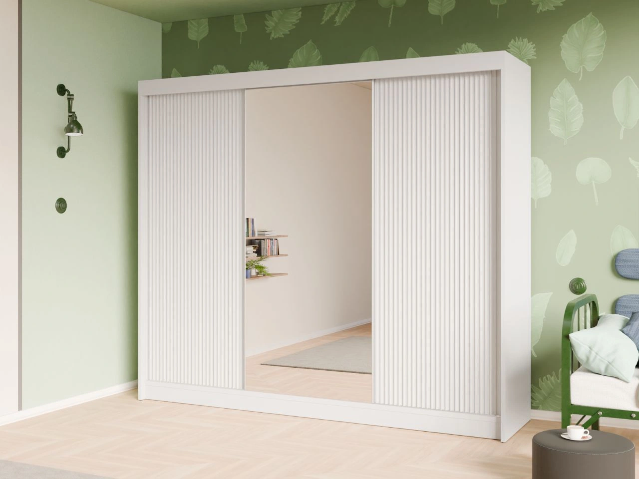 Szafa przesuwna z ryflowanym frontem i lustrem 250 cm Fano Biała