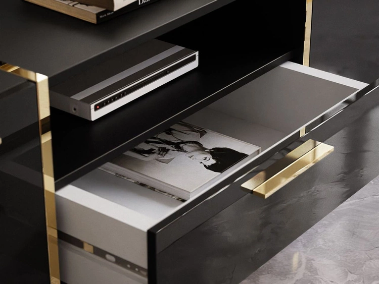 Szafka RTV w stylu glamour z szafkami i szufladą Lunelie czarny połysk