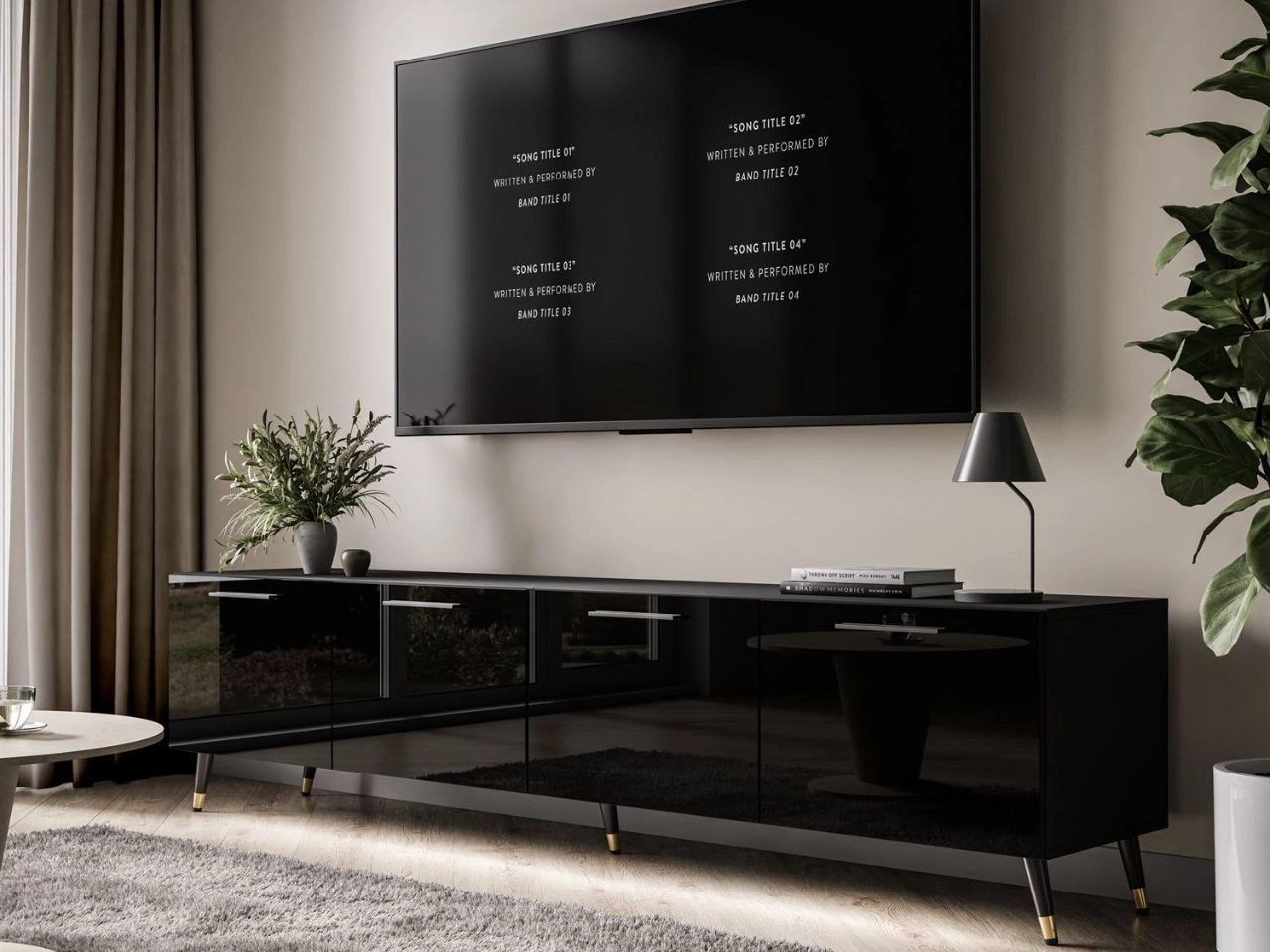 Szafka RTV pod telewizor z drzwiczkami i oświetleniem LED na czarno-złotych nóżkach 200 cm Noaé Czarny Połysk