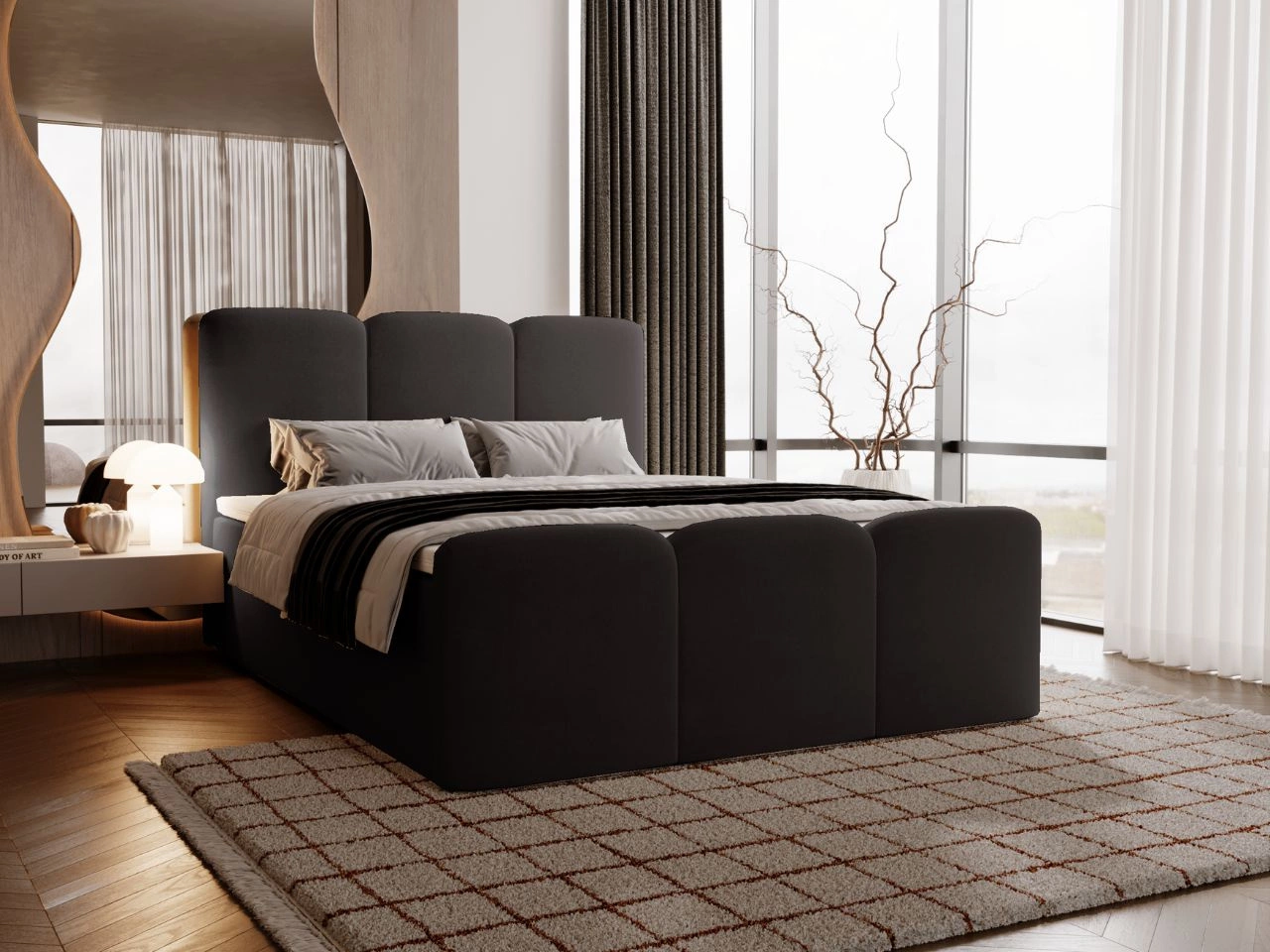 Łóżko kontynentalne z pojemnikiem na pościel 180x200 Campi Czarne
