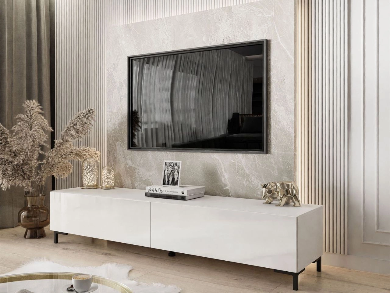 Szafka RTV z drzwiczkami na czarnych nóżkach 175 cm Sorelle Biały połysk