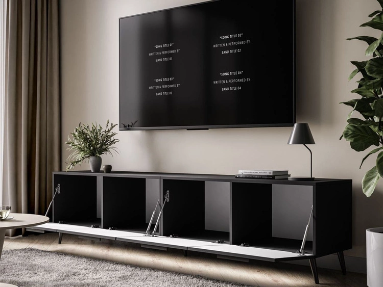 Szafka RTV pod telewizor z drzwiczkami i oświetleniem LED na czarnych nóżkach 200 cm Noaé Czarny Połysk