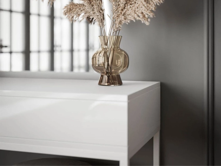 Toaletka kosmetyczna prawostronna z szufladami i oświetleniem LED na białych nogach Clarette Biały połysk