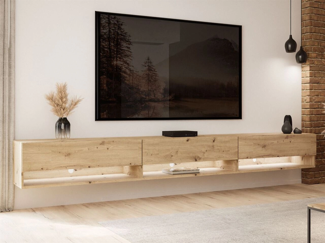 Szafka RTV wisząca 270 cm do salonu z oświetleniem LED Aurelie Dąb Artisan