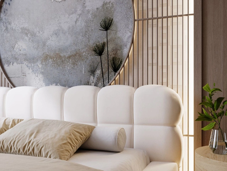 Łóżko tapicerowane z pojemnikiem i stelażem 180x200 Plaza Kremowe