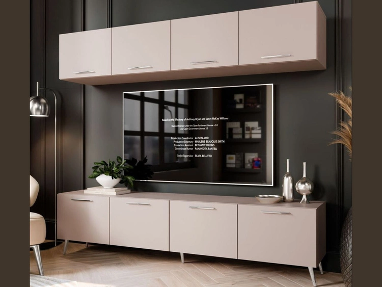 Meblościanka do salonu z oświetleniem LED na srebrnych nogach Noaé Kaszmir