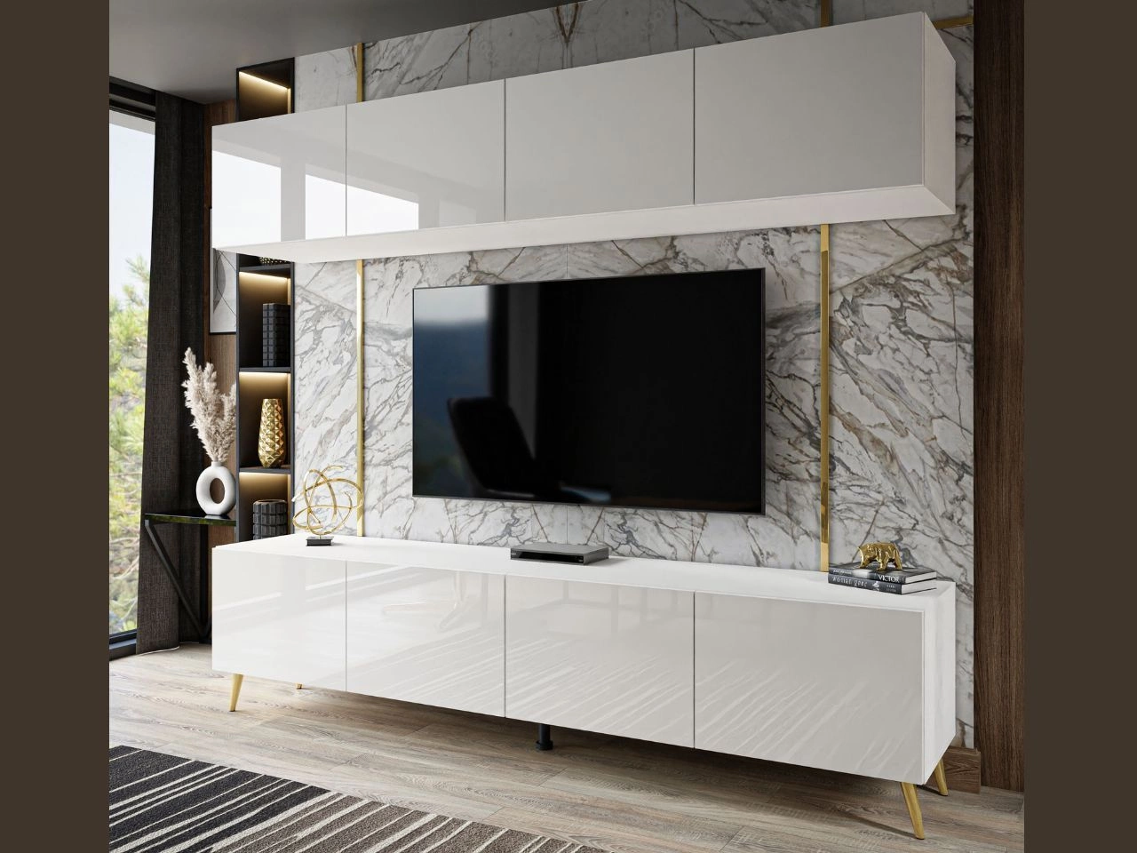 Meblościanka do salonu na złotych nogach Noaé Biały połysk