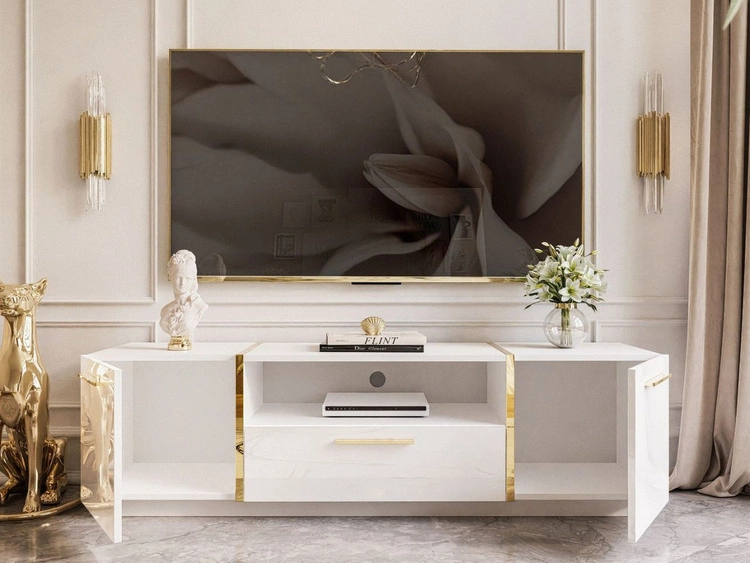 Zestaw mebli do salonu ze złotymi uchwytami w stylu glamour Lunelie Biały połysk