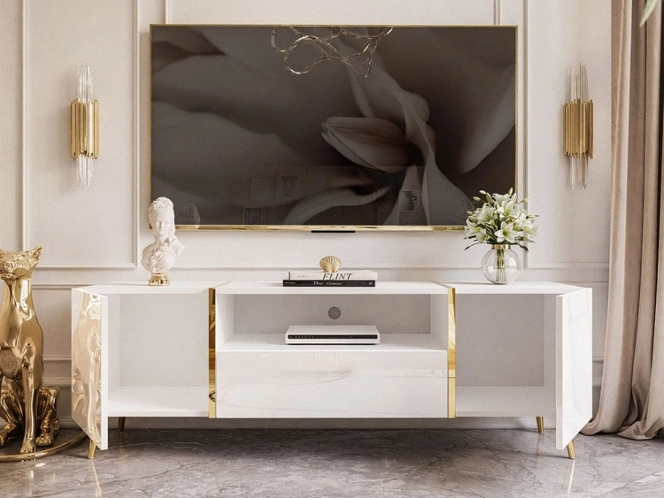 Zestaw mebli do salonu na złotych metalowych nóżkach w stylu glamour Lunelie Biały połysk