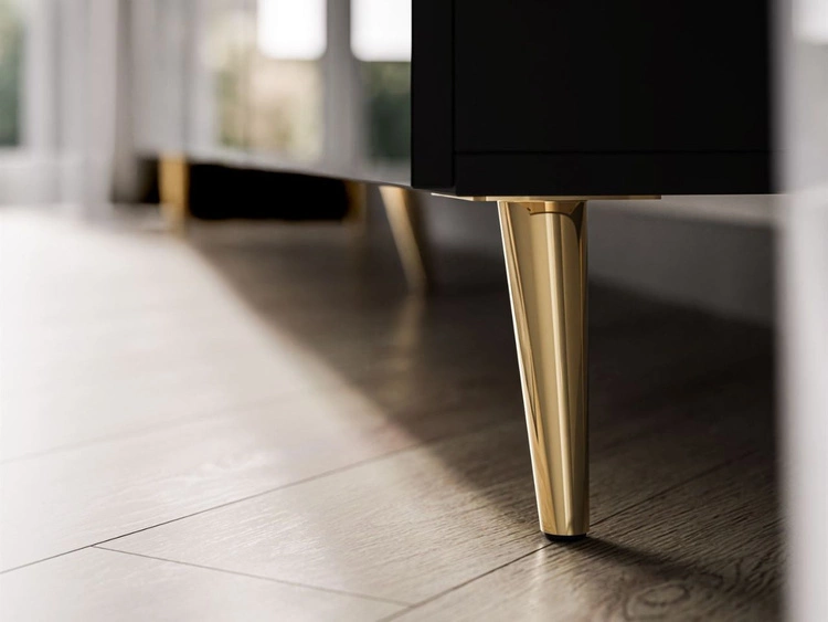 Szafka RTV pod telewizor z drzwiczkami i oświetleniem LED na złotych nóżkach 200 cm Noaé Czarny Połysk