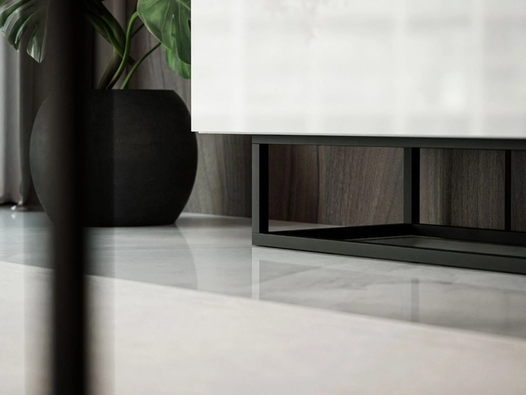 Szafka RTV pod telewizor z drzwiczkami na czarnym stelażu 150 cm Nodoo Biały połysk