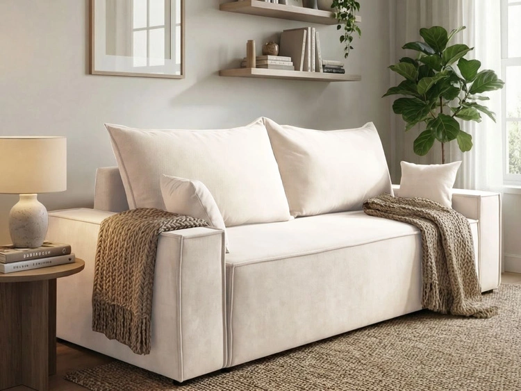 Kanapa z funkcją spania i pojemnikiem na pościel Sivra Kremowa