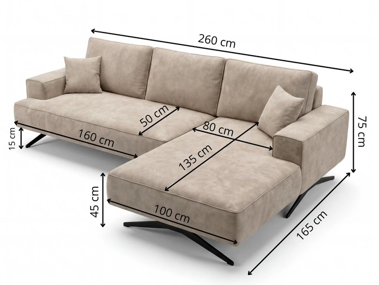 Narożnik L Prawy na metalowych nóżkach Leto szary