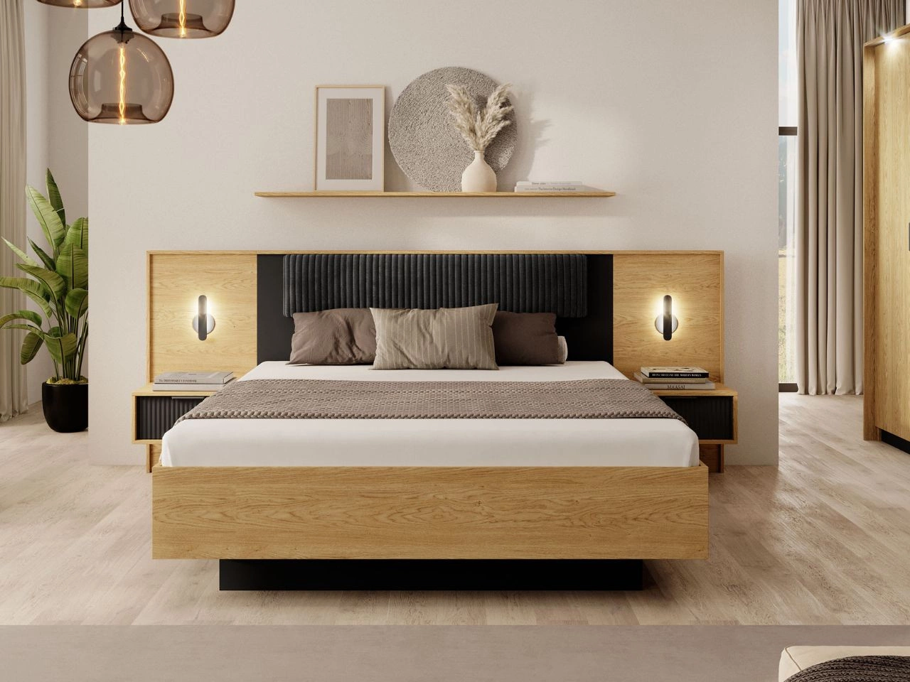 Łóżko drewniane z pojemnikiem 160x200 Bolzano Dąb Bałtycki, Czarne