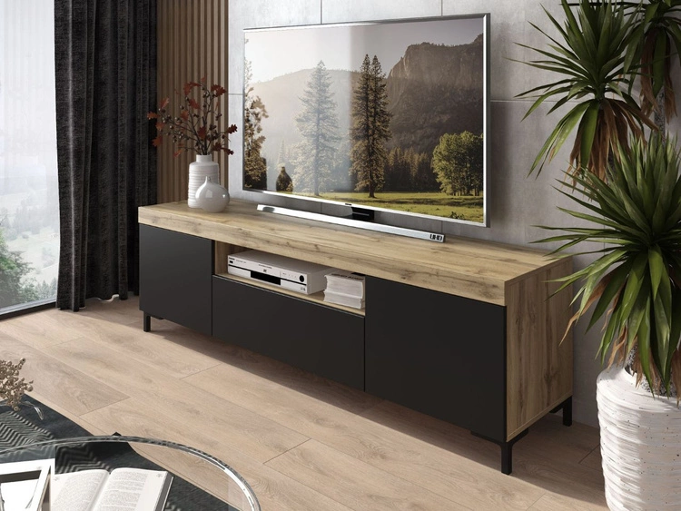 Zestaw mebli do salonu - szafka RTV i komoda na czarnych nóżkach Asumi Czarny i dąb wotan