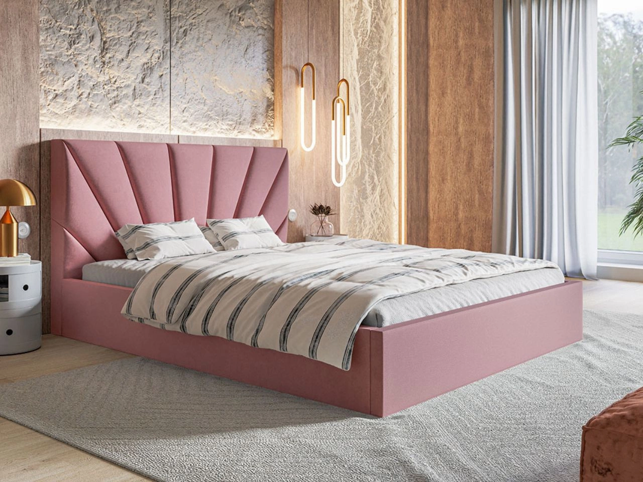 Łóżko tapicerowane z pojemnikiem i stelażem 160x200 Orlo różowe