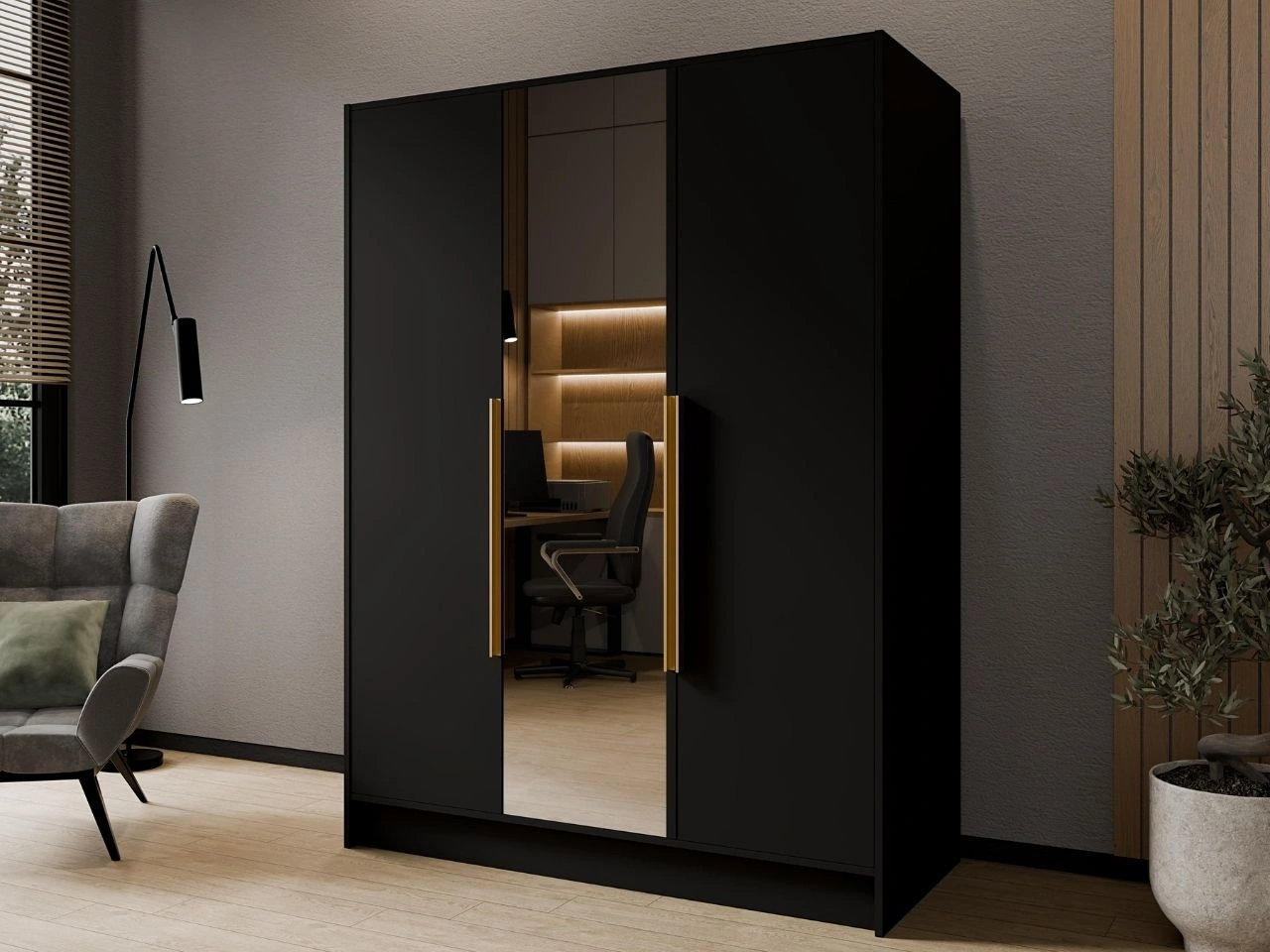 Szafa otwierana z lustrem 150 cm Lucca Czarna z złotymi uchwytami