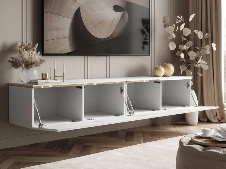 Szafka RTV wisząca w stylu glamour z oświetleniem LED Celle biały połysk