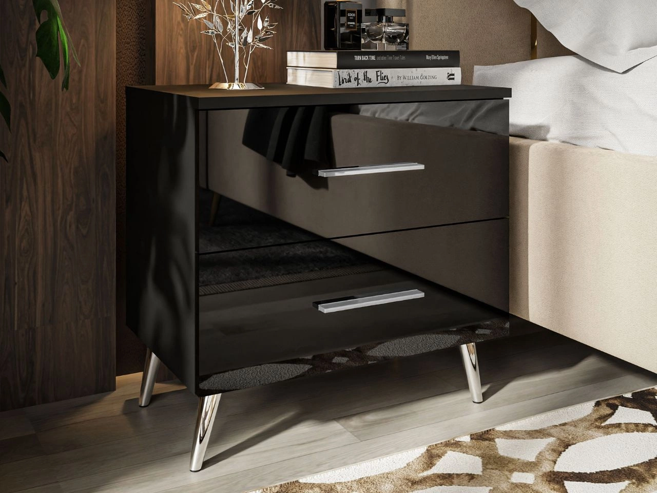 Stolik nocny z szufladami na srebrnych nogach Nuveo Czarny połysk