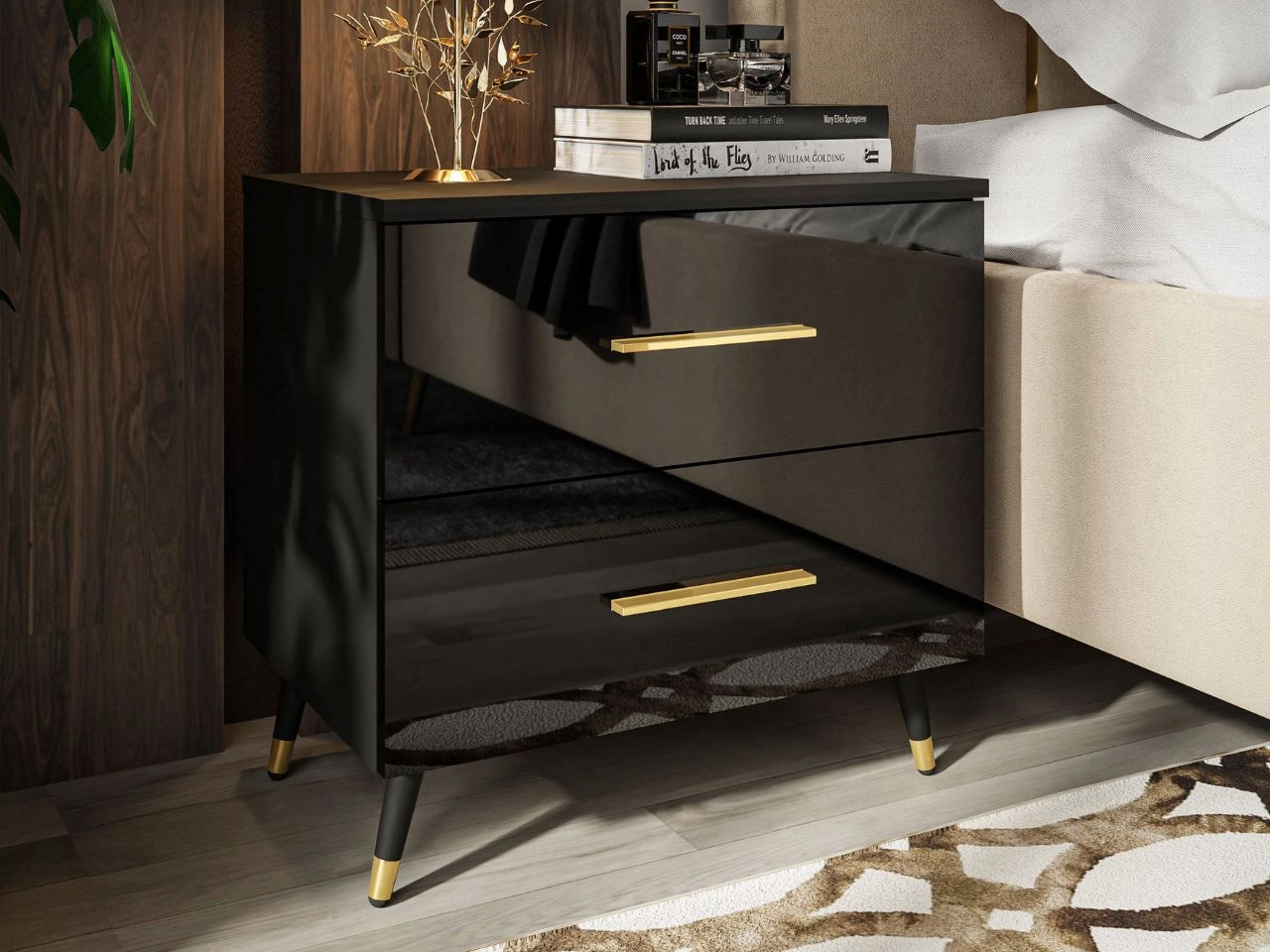Stolik nocny z szufladami na czarno-złotych nogach Nuveo Czarny połysk