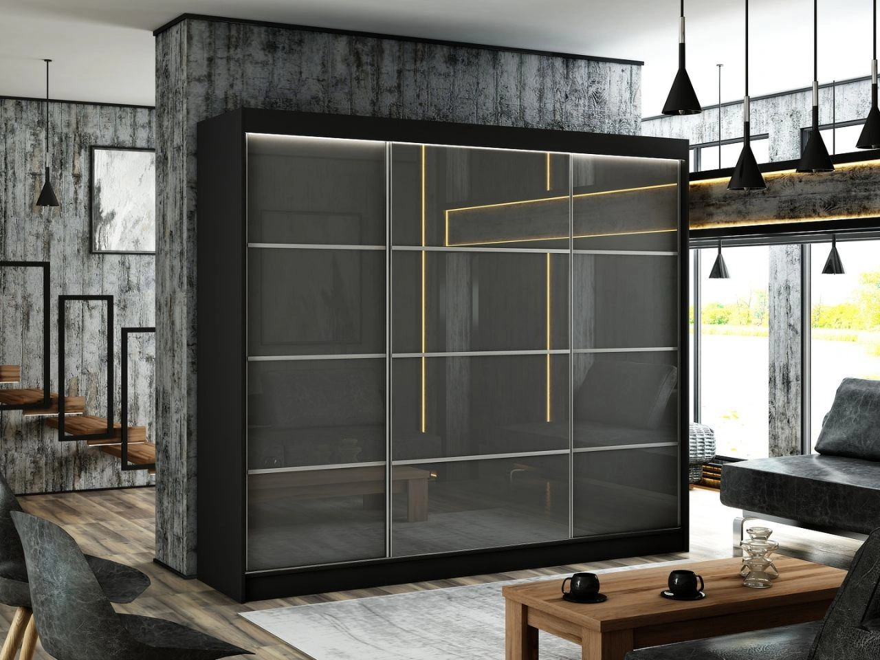 Szafa przesuwna ze szprosami 250 cm z oświetleniem LED Ponti Czarna, Szara