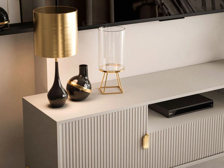 Szafka RTV szeroka dwudrzwiowa na złotych nogach z szufladą Orlean kaszmir mat