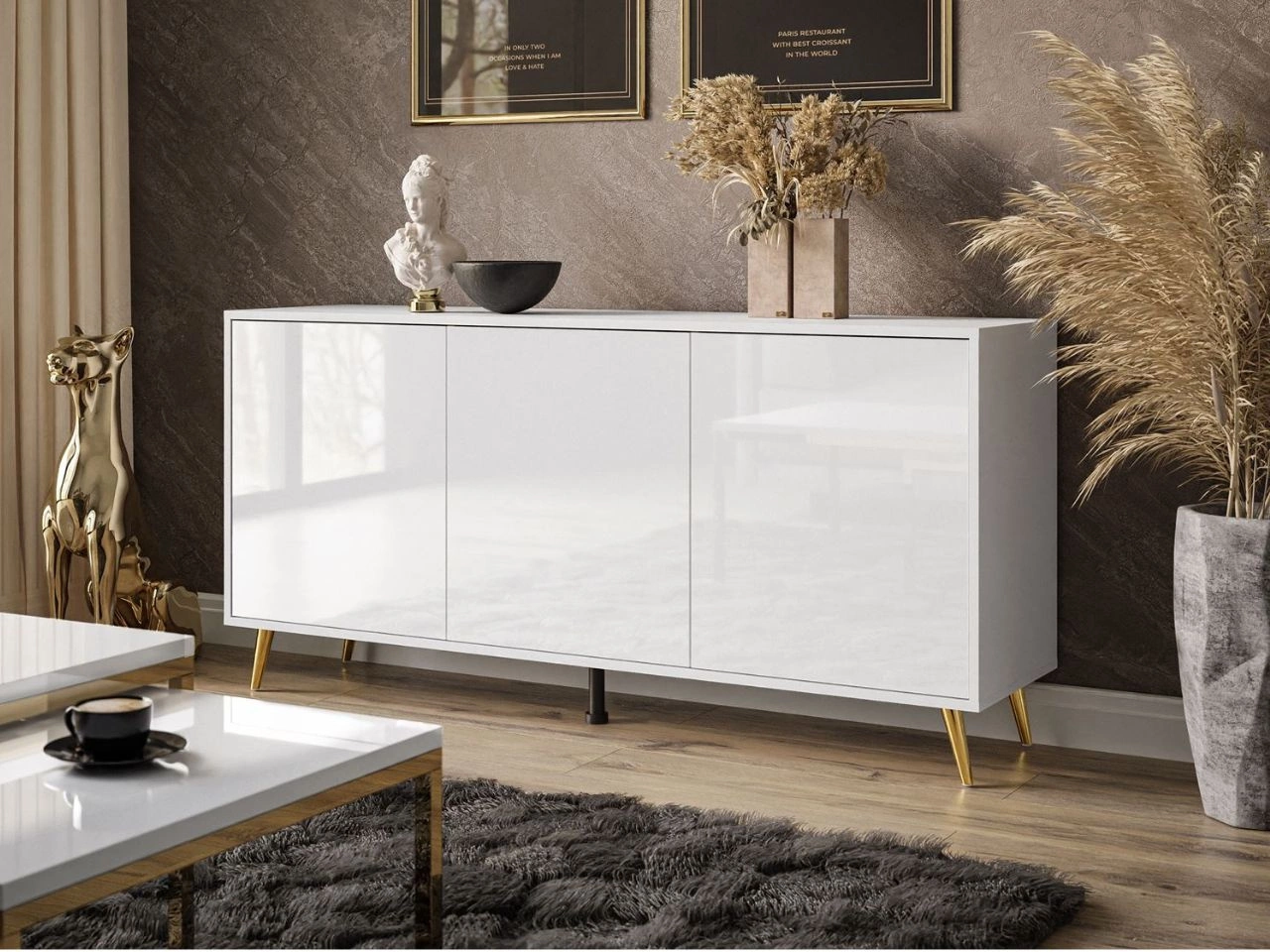 Trzydrzwiowa komoda 154 cm w stylu glamour na złotych nogach Vivance biały połysk