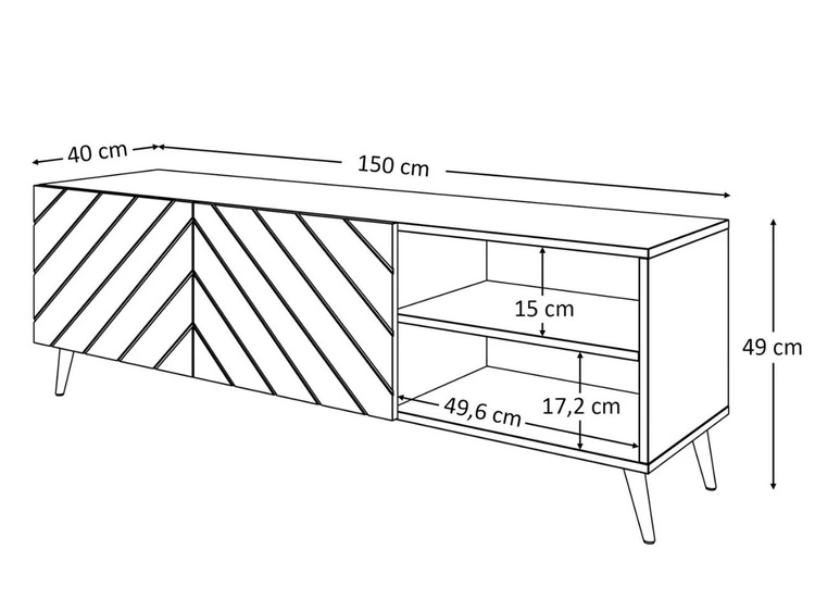 Szafka RTV z frezowanymi frontami i metalowymi czarnymi nóżkami Vionel biały połysk