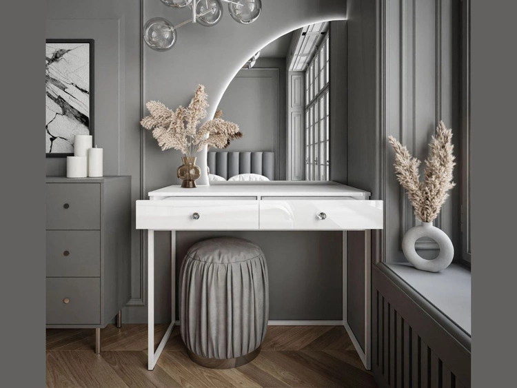 Toaletka kosmetyczna lewostronna z szufladami i oświetleniem LED na białych nogach Clarette Biały połysk