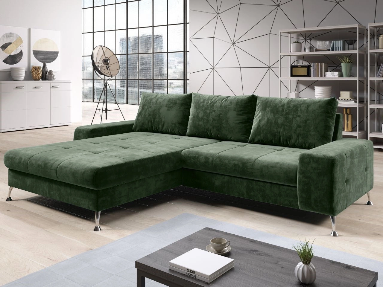 Narożnik L Lewy z funkcją spania i pojemnikiem Tonny Ciemny zielony