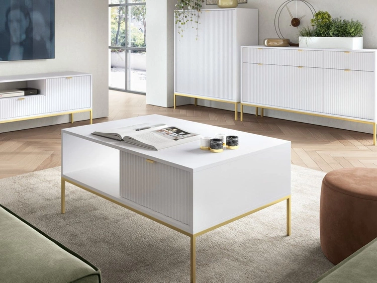 Stolik kawowy z szufladą Amber biały na złotych nogach