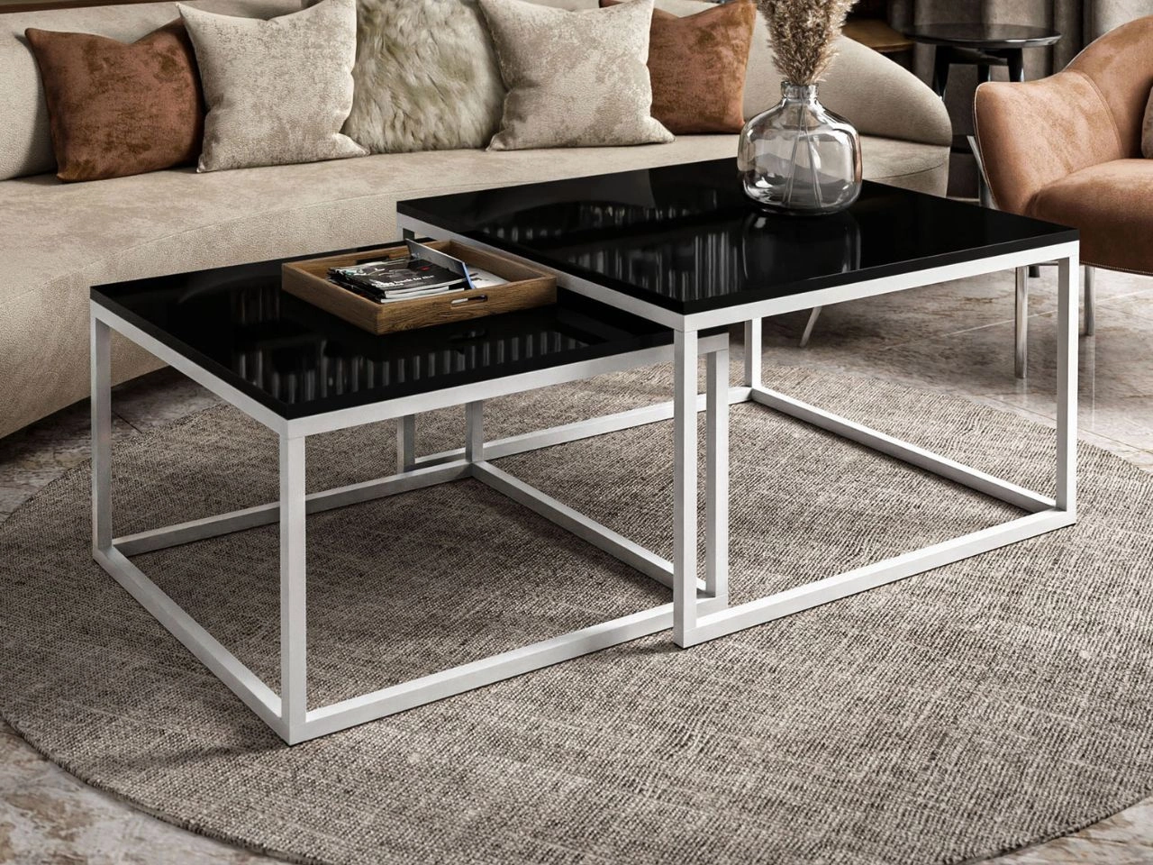 Stolik kawowy na białym stelażu Asumi Czarny Połysk 40x46