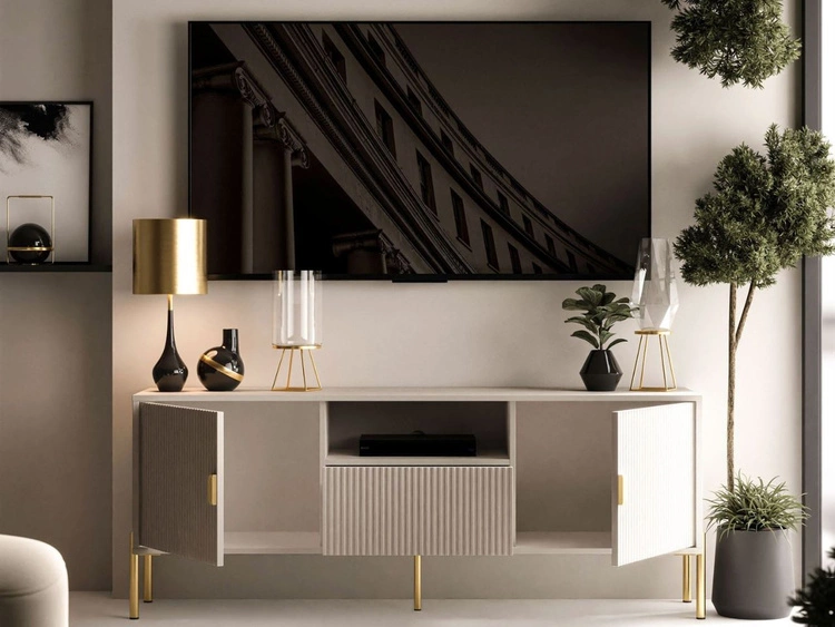 Szafka RTV dwudrzwiowa na złotych nogach z szufladą Orlean kaszmir mat