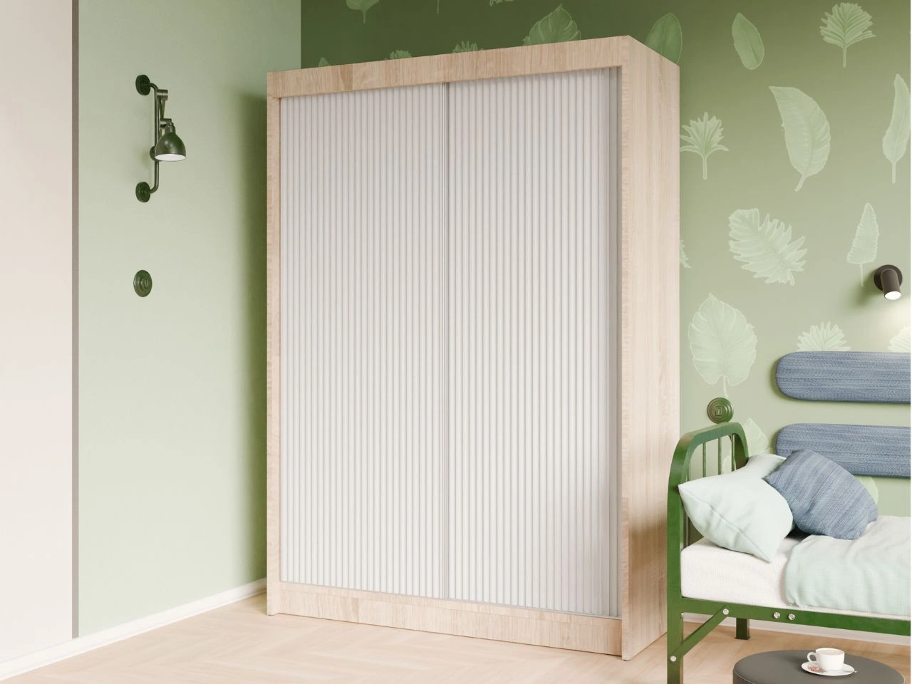 Szafa przesuwna z ryflowanym frontem 150 cm Fano Dąb Sonoma, Biała